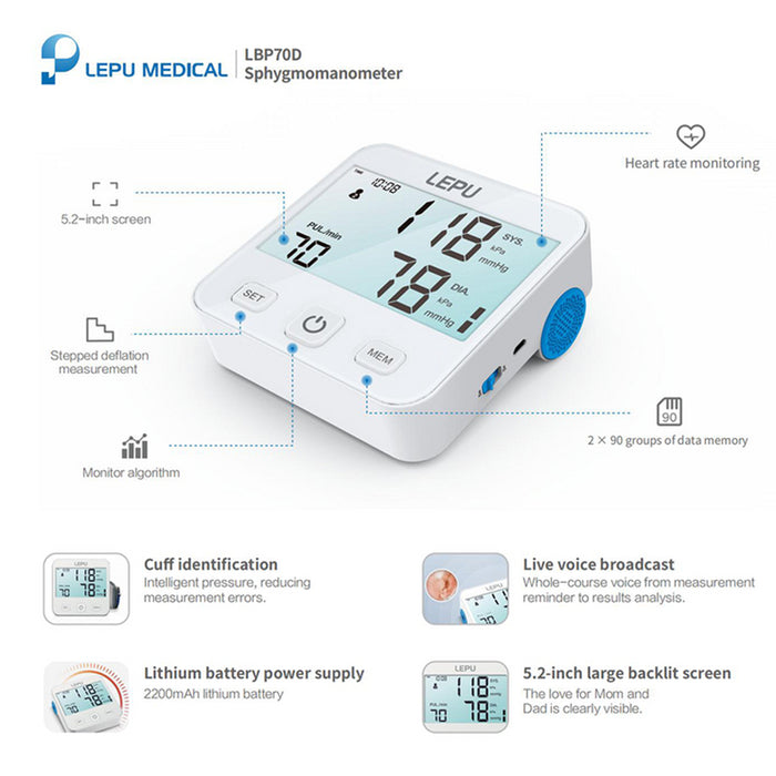Lepu LBP70C Automatic Arm Digital Sphygmomanometer Blood Pressure Pulse Monitor with Automatic Adjustable Wrist Cuff